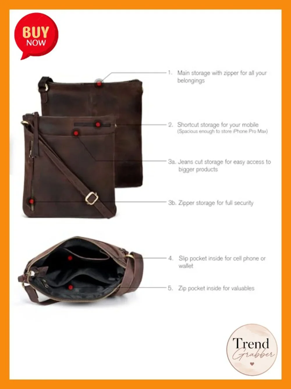 Genuine Leather Crossbody Sling Bag for Women - Medium Shoulder Purse with